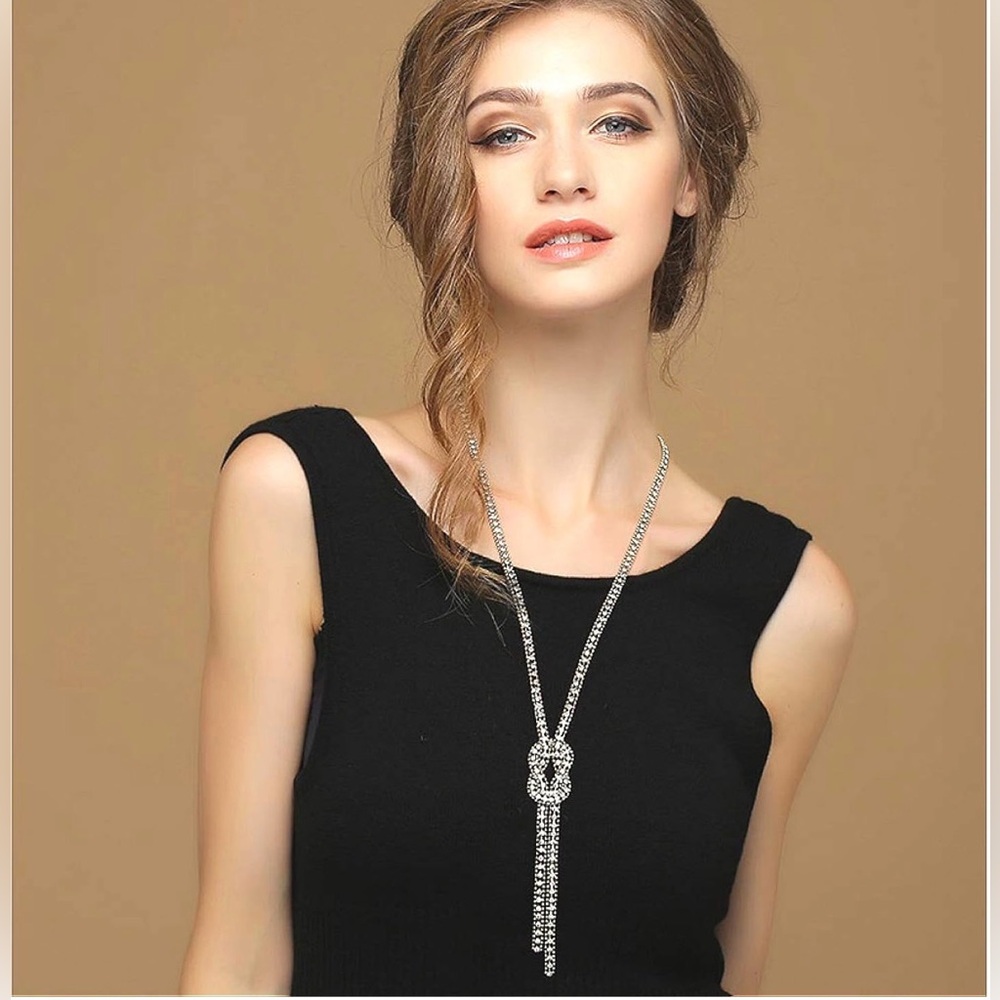 Crystal Knot Pendant Long Necklace | Rhinestone Tassel | Elegant Statement